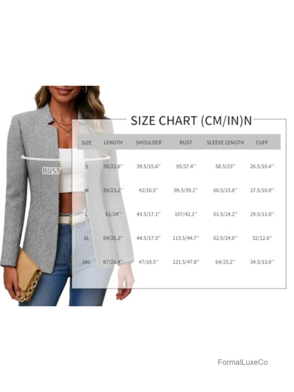 Women's Herringbone Tweed Blazer Jacket - Plaid Open Front Notch Collar - Picture 6 of 6